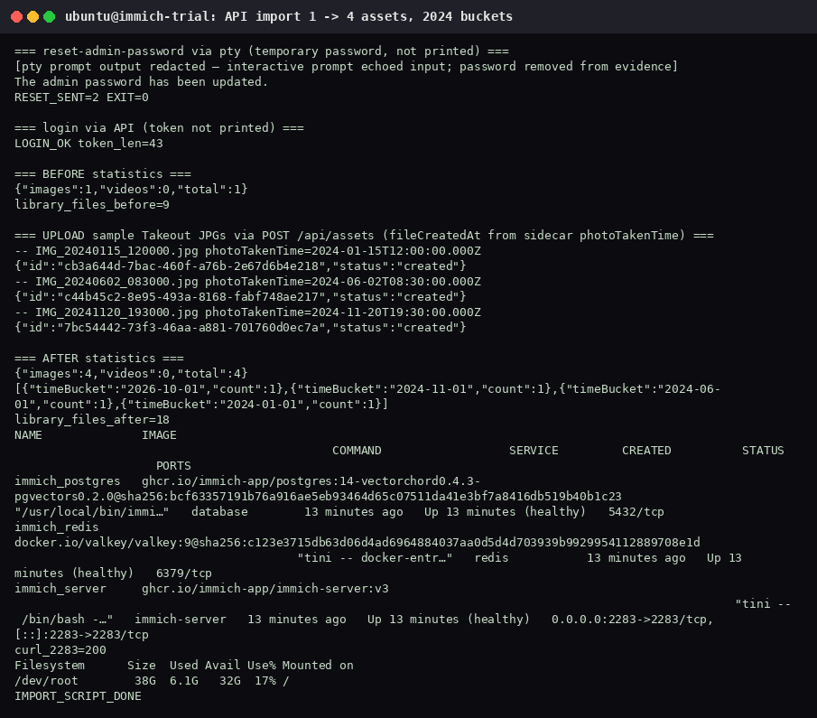 Sample API import: statistics go from 1 image to 4, three status created responses, and 2024 time buckets. The admin password is not in the output.