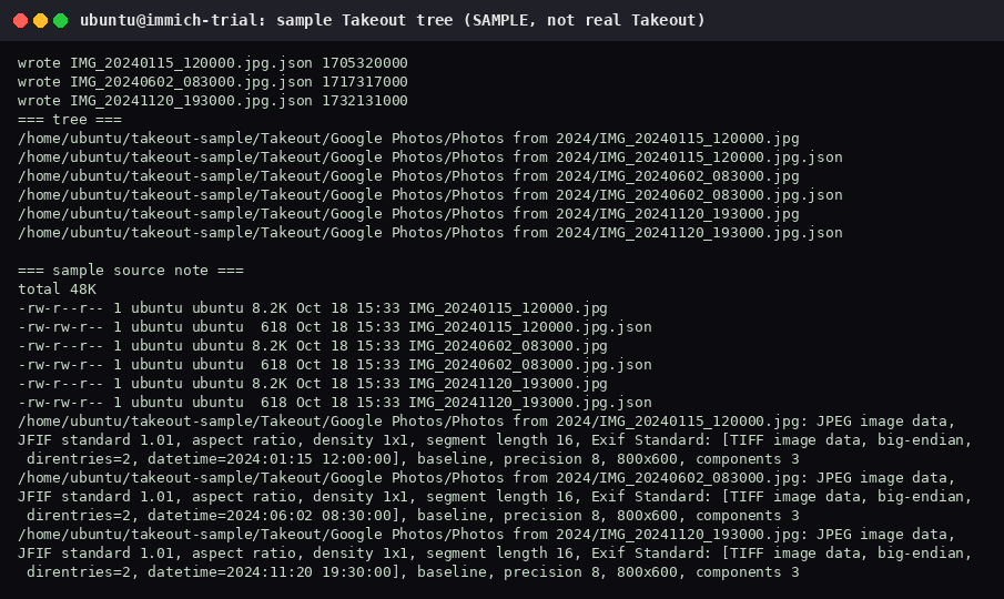 Sample Takeout tree under takeout-sample with three JPEGs and three JSON sidecars. file output shows 800 by 600 JPEGs with 2024 EXIF dates.