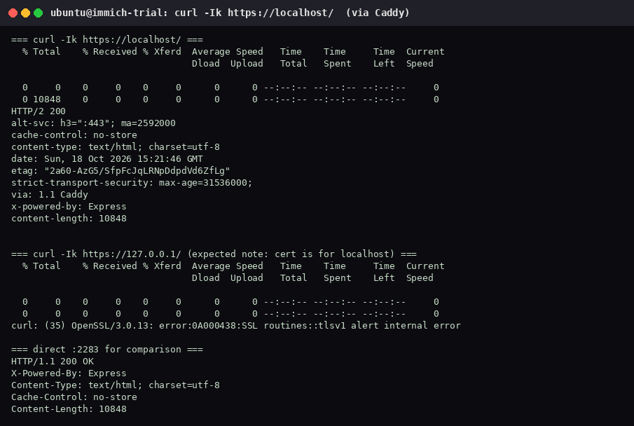 curl -Ik https://localhost/ showing HTTP/2 200 via Caddy, and curl to https://127.0.0.1/ failing because the certificate is for localhost.