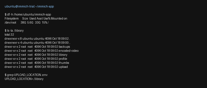 df showing free space on the root filesystem, and a library listing with upload, thumbs, and encoded-video directories.