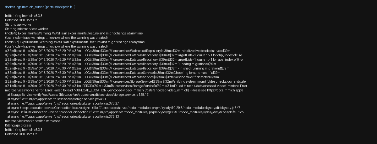 Server logs where the microservices worker failed to read the encoded-video marker file and exited.