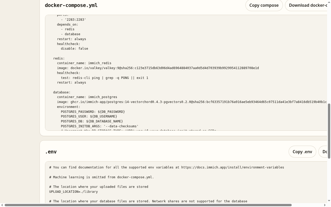 Compose preview listing immich-server, redis, and database. There is no immich-machine-learning service.