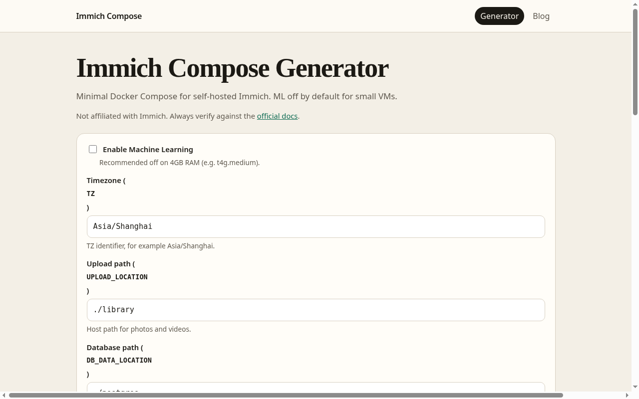 Compose generator with machine learning off, timezone Asia/Shanghai, upload path ./library, database path ./postgres, and host port 2283.
