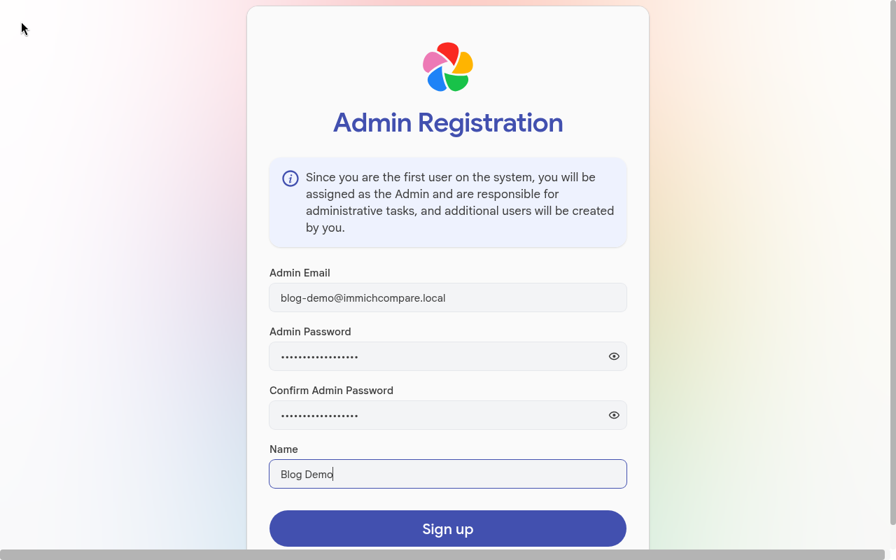 Immich welcome screen with the admin registration form. Password fields are masked.