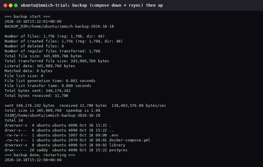 rsync backup of library, postgres, compose, and env into /home/ubuntu/immich-backup-2026-10-18, totaling 331M and 1708 regular files.